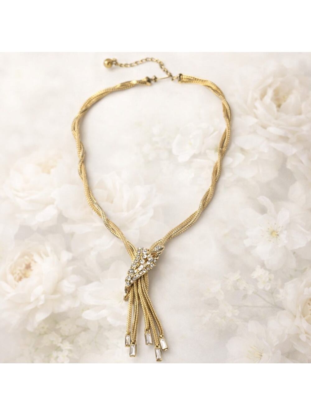 Vtg FJJ Signed Multi Strand Necklace Mesh Gold Tone Baguette Rhinestone Y Drop